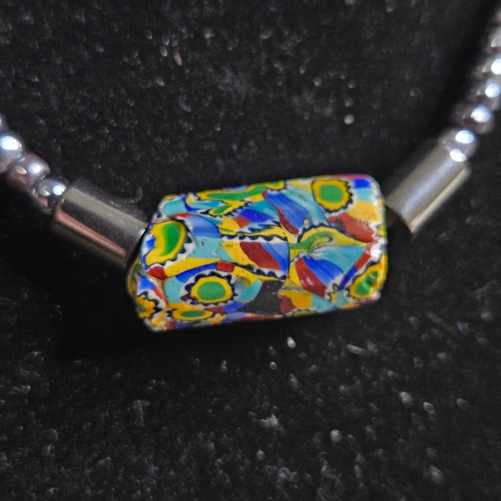 Vintage Millefiori Murano Glass‎ Barrel Bead Necklace Hematite Tone Beaded 17"